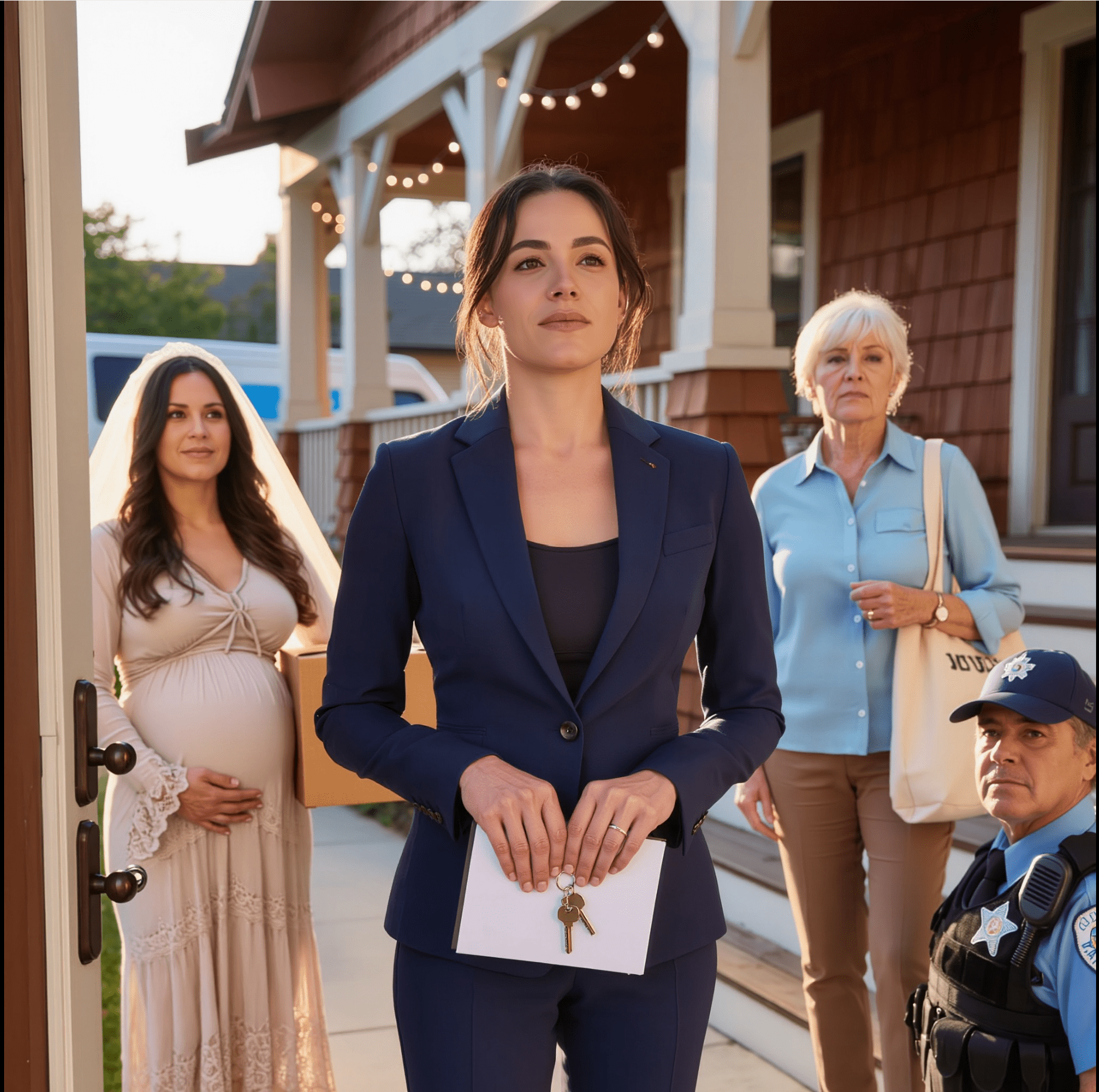 Dignified woman with keys standing in front of house, wedding scene with family, emotional moment, beautiful story, heartfelt visit.
