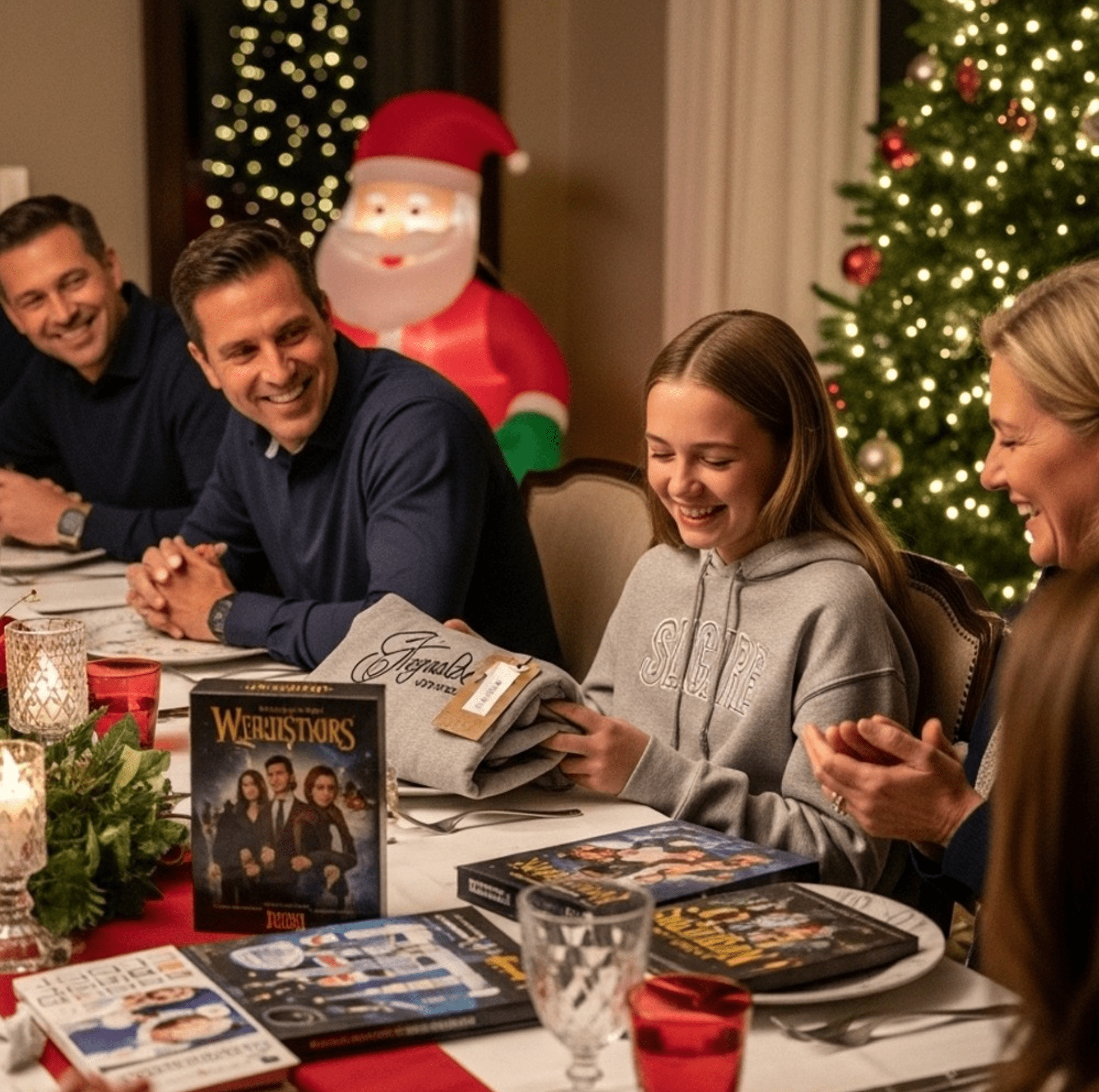 Happy family gathering at Christmas dinner with Santa decoration and holiday books.